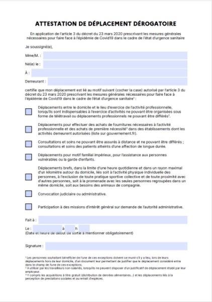 ATTESTATION DE DEPLACEMENT DEROGATOIRE