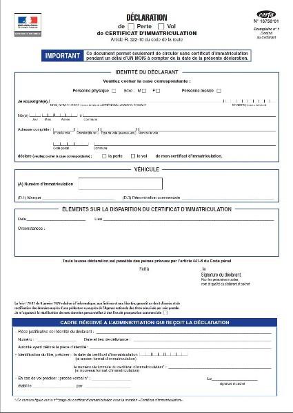 DECLARATION DE PERTE DE CERTIFICAT D'IMMATRICULATION