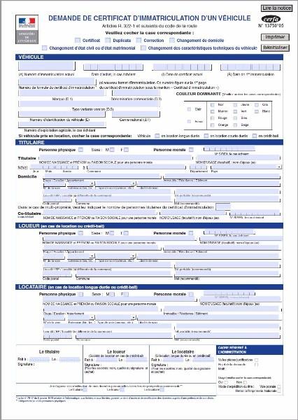 DEMANDE IMMATRICULATION cerfa 13750*05