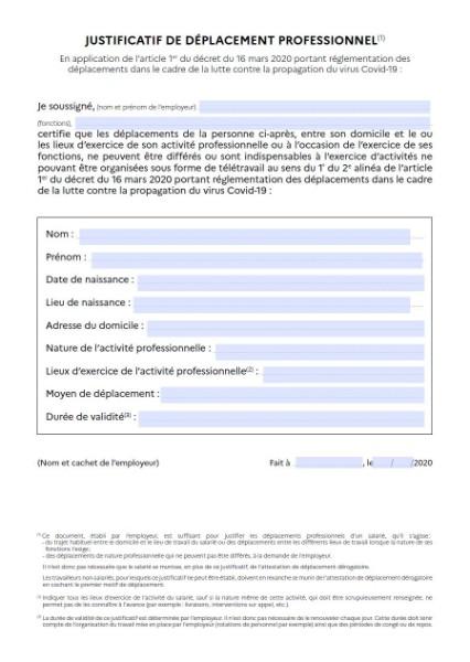 JUSTIFICATIF DE DEPLACEMENT PROFESSIONNEL