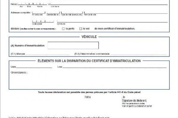 DECLARATION DE PERTE DE CERTIFICAT D'IMMATRICULATION